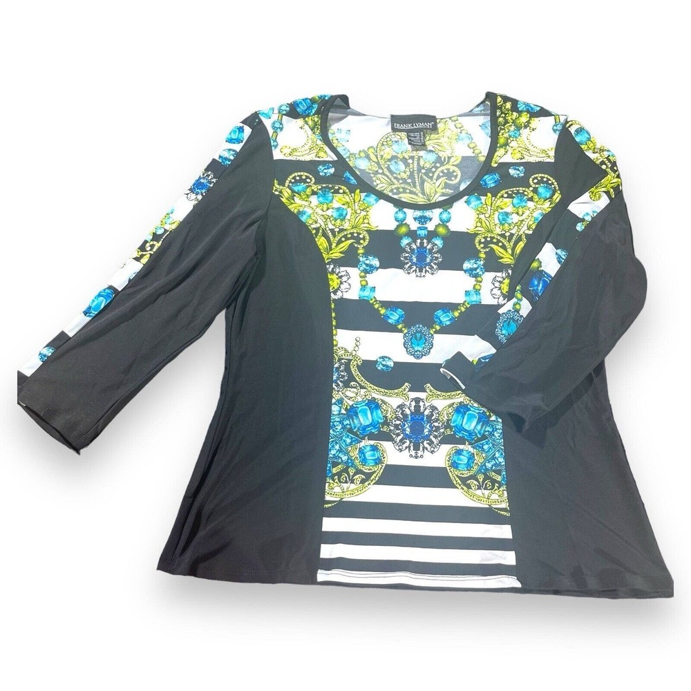 Frank Lyman Top Plus Size 16 3/4 sleeve black white stripe jewelry graphic print